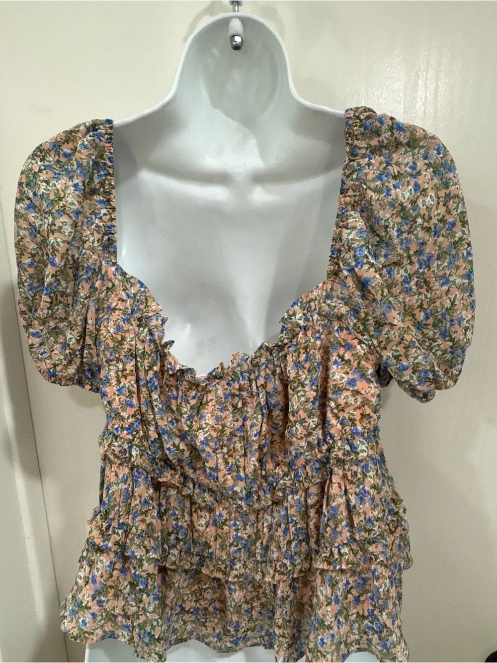 Astr Peach Floral Puff-Sleeve Peplum Top with Blue Flowers peasant baby doll